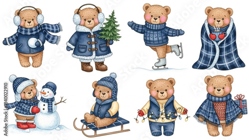 Cute Winter Teddy Bears Clipart Set in Blue Outfits, Ice Skating, Snowman, Hot Cocoa and Christmas Gifts, Watercolor Illustrations