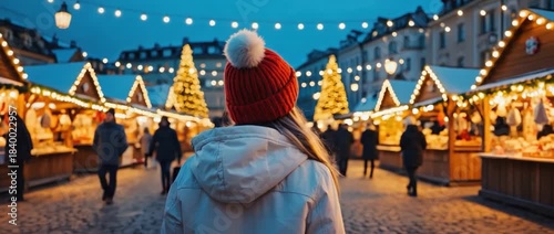 Festive Winter Market Exploration: A woman, wearing a warm hat, explores a bustling winter market filled with twinkling lights, inviting stalls, and the lively spirit of the holiday season.