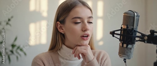 The Voice of Expression: A young woman, radiating a sense of clarity, passionately speaks into a vintage microphone, capturing the power of communication and the art of voice acting. 