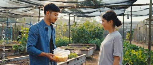 Nurturing the Earth: A tender scene unfolds as a dedicated individual, standing beside a companion, presents a container of fresh produce.