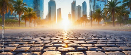 City Sunrise: An urban landscape is illuminated by the warm glow of sunrise. The city's skyline, palm trees, and cobblestone street create a picturesque scene.