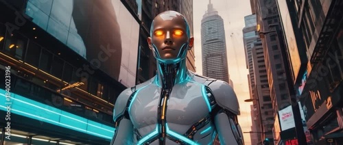 Cybernetic Sentinel in Urban Landscape: A futuristic, gleaming humanoid automaton stands tall amidst a bustling city, their illuminated eyes casting a watchful gaze.