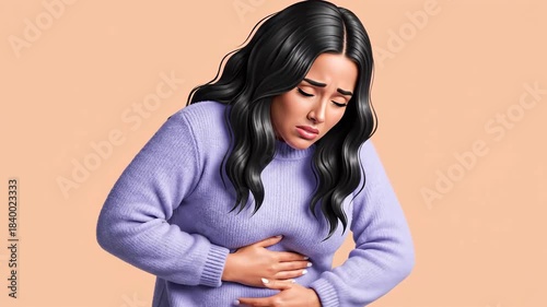 Woman Experiencing Stomach Pain, Indicating Digestive Issues or Physical Discomfort