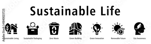 Sustainable Life web banner icon vector illustration with icons of Sustainable Living, Sustainable Packaging, Zero Waste, Green Building, Green Innovation, Renewable Future, and Eco Awareness.
