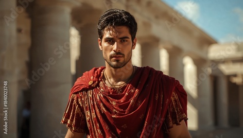 A young man dressed in a red Roman tunic strides confidently through an ancient marketplace. Sunlight illuminates the columns surrounding him. The scene captures a vibrant moment in history