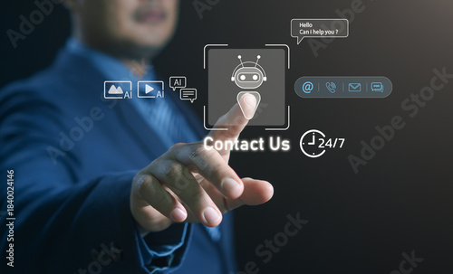 AI chatbot customer support concept. Businessman selecting a digital contact interface featuring virtual icons, communication channels, and 24/7 assistance, highlighting smart service and automation.