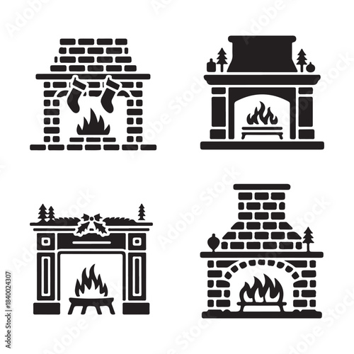 Classic fireplace warm glowing indoor brick home winter silhouette vector