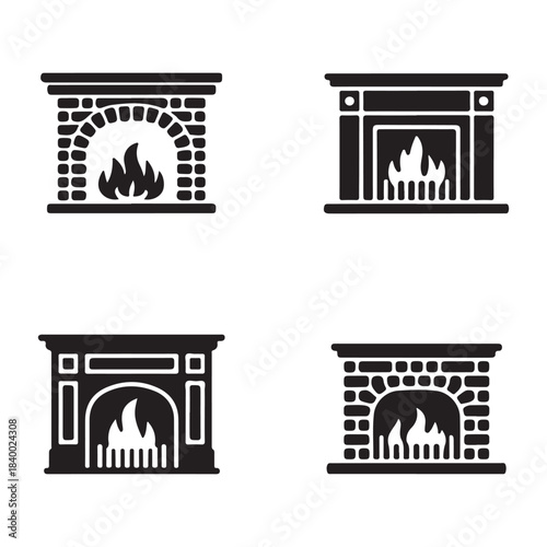 Fireplace warm cozy burning home interior classic stone silhouette vector design