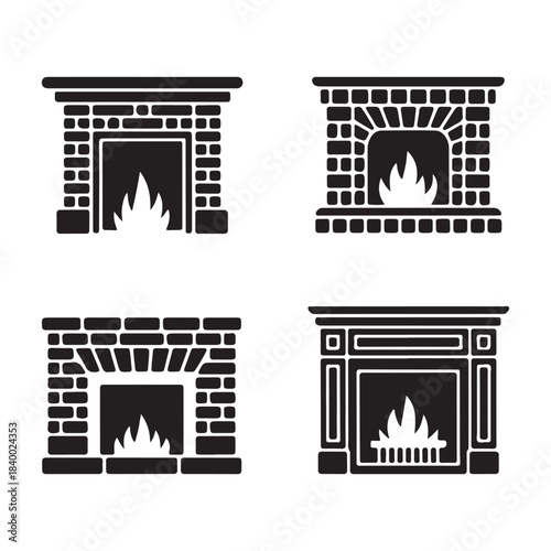 Stone fireplace rustic burning cozy winter home heating silhouette vector artwork