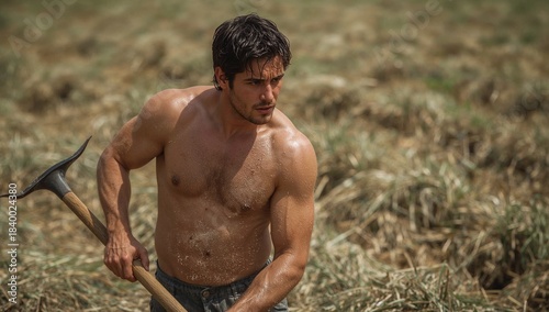 A strong farmer is seen sweating as he tends to the crops in a golden field. The sun shines down, highlighting his determined expression and hard work. He grips a hoe tightly, showcasing his effort