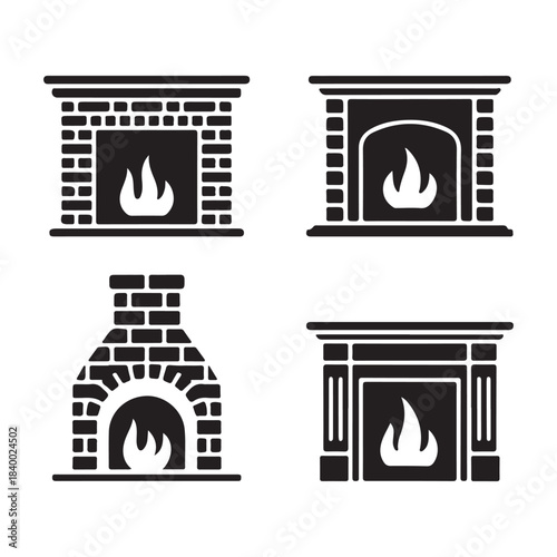 Burning fireplace classic brick warm glowing home winter silhouette vector artwork