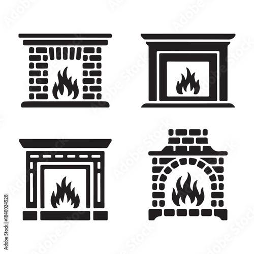 Warm fireplace glowing rustic home flame chimney winter silhouette vector design
