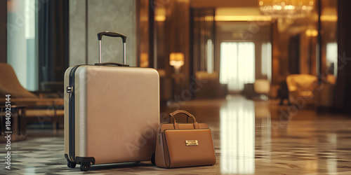 Elegant Travel Suitcase Beside Designer Handbag in Luxury Settin