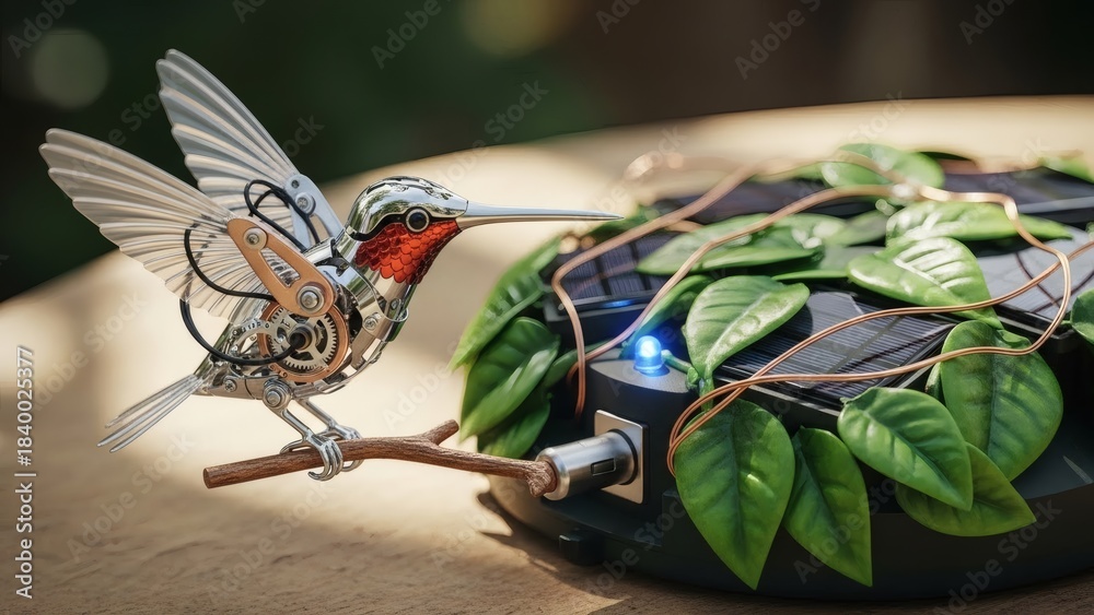 Naklejka premium Futuristic robotic hummingbird charging from a solar panel flower station