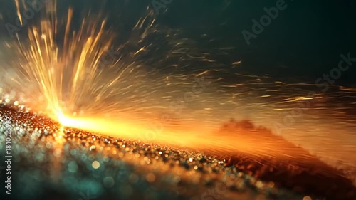 Close Up View of Intense Sparks Flying from Grinding Metal Surface Industrial Process Macro Shot