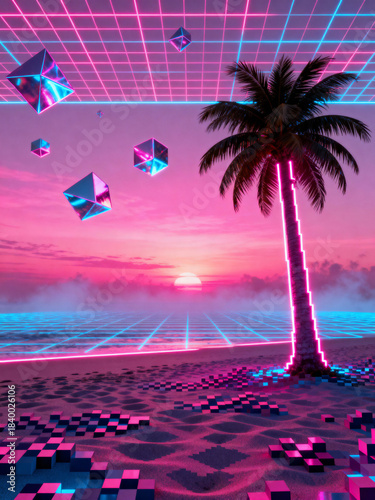 A bright sunset lights up the sky with pink and purple hues at a beach. Neon palm trees line the shore while colorful geometric shapes float above the water, creating a dreamlike atmosphere