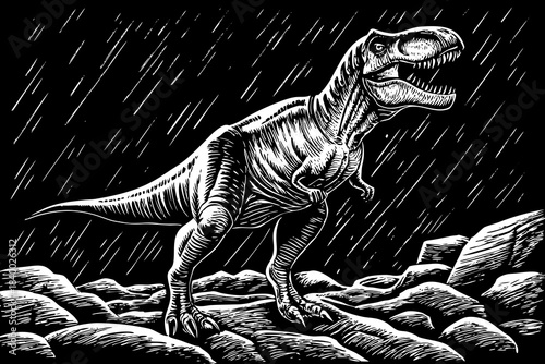 black and white sketch of a roaring T-Rex standing on rocky terrain, emphasizing raw prehistoric power and dramatic anatomical structure