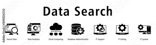 Banner focusing on searching, analyzing, and storing data via cloud, databases, support and settings.