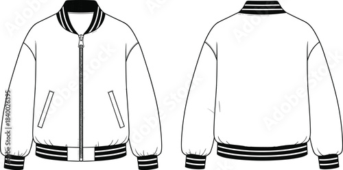 Technical Fashion CAD Drawing of an Oversized Varsity Bomber Jacket, Flat Vector Illustration with Ribbed Trims for Apparel Design and Presentation.