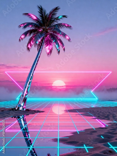 A stunning sunset unfolds over a beach, featuring neon palm trees and a holographic grid. The sky is filled with shades of purple and pink, creating a dreamy atmosphere