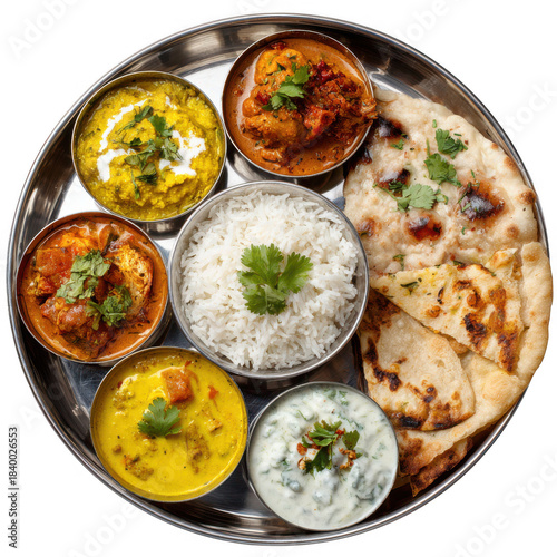 Delicious indian thali meal with rice naan and curries isolated on transparent background