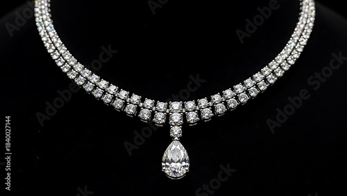 Luxurious White Gold Diamond Tennis Necklace with Pear Drop Pendant on Black Background
