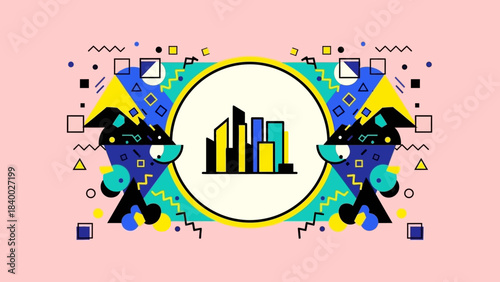 Modern Cityscape Buildings in a Circle Abstract Design.