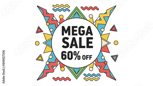 Mega Sale 60 Off Promotional Banner with Colorful Geometric Shapes.