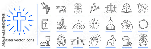 Set of Easter icons, including a church, Bible, prayer, cross, crucifix, Easter cake, rabbit, dove, and more, EPS10 vector line graphics.