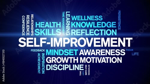 Self-improvement animated word cloud-text design animation tag kinetic typography seamless loop.