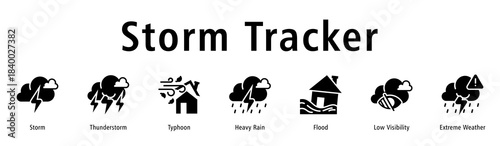 Storm Tracker web banner icon vector illustration with icons of Storm, Thunderstorm, Typhoon, Heavy Rain, Flood, Low Visibility, and Extreme Weather.