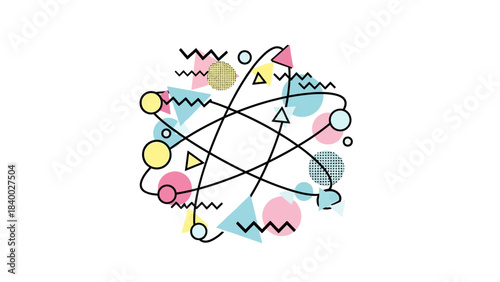 Abstract Atom with Colorful Geometric Shapes and Wavy Lines.