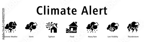 Climate Alert web banner icon vector illustration with icons of Extreme Weather, Storm, Typhoon, Flood, Heavy Rain, Low Visibility, and Thunderstorm.