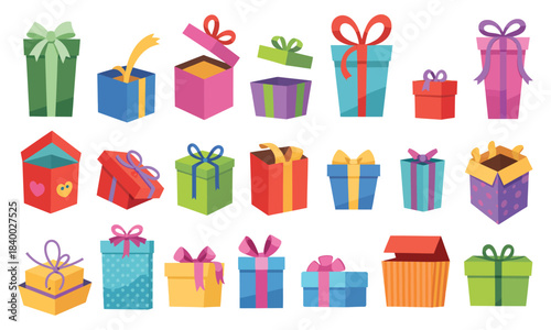 Colorful Cartoon Gift Box Vector Collection Featuring Wrapped Presents With Ribbons, Bows, and Opened Packages in Festive Decorative Illustration Set