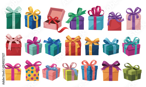 Colorful Cartoon Gift Box Vector Collection Featuring Wrapped Presents With Ribbons, Bows, and Opened Packages in Festive Decorative Illustration Set