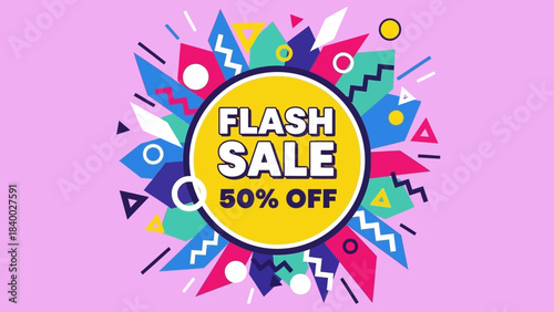 Flash Sale 50 Off Promotional Banner with Colorful Geometric Shapes.