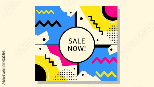Colorful geometric sale promotion design with abstract shapes and text.