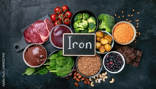Iron-Rich Culinary Delight: An array of nutrient-packed food options, from lean beef and spinach to lentils and dark chocolate, are showcased on a dark surface.