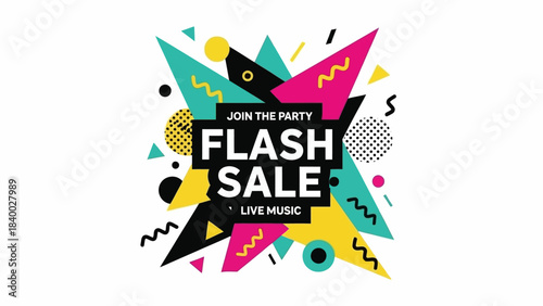 Flash Sale Announcement with Geometric Shapes and Live Music Promotion.