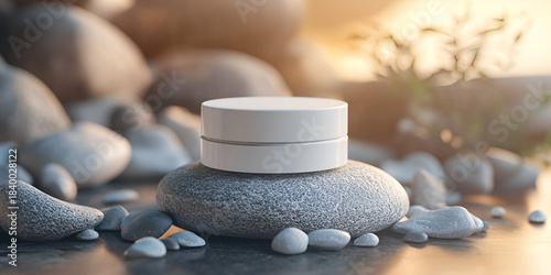 Facial Cream Jar Mockup on Stylized Pebble Base with Ambient Lighting