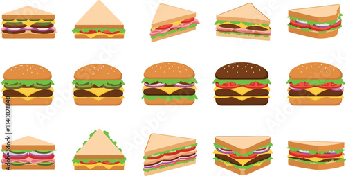 Vector collection of various fresh, detailed sandwiches and hamburgers with meat, cheese, lettuce, and vegetables, perfect for restaurant menus and fast food graphics