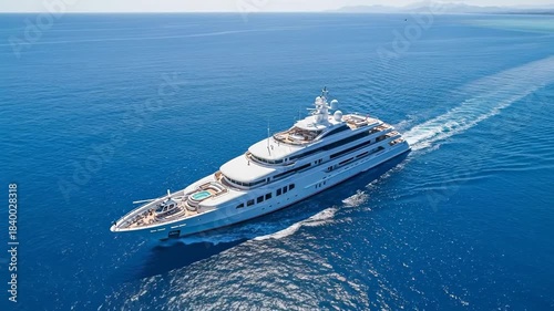 Luxury Superyacht Cruising on Azure Blue Ocean Waters Under Clear Sky.