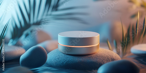 Facial Cream Jar Mockup on Stylized Pebble Base with Ambient Lighting