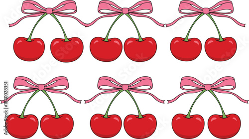 Set of cute vector illustrations featuring pairs of red cherries with stems tied by decorative pink ribbon bows, ideal for sweet, retro, and playful food designs
