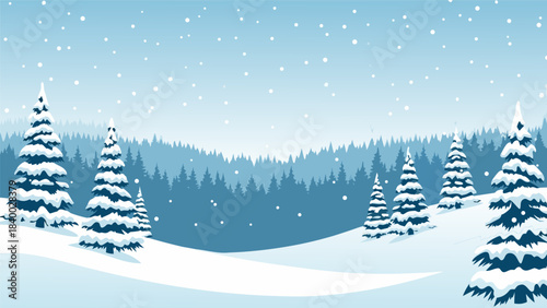 A serene winter landscape with snow-covered evergreen trees and falling snowflakes.