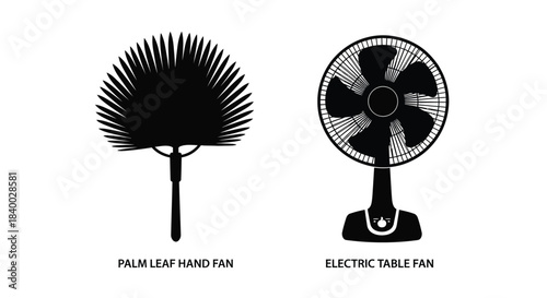 A visual comparison of a traditional palm leaf fan and a modern electric fan