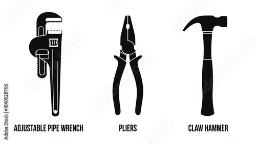 Black and white illustration of a wrench pliers and a claw hammer