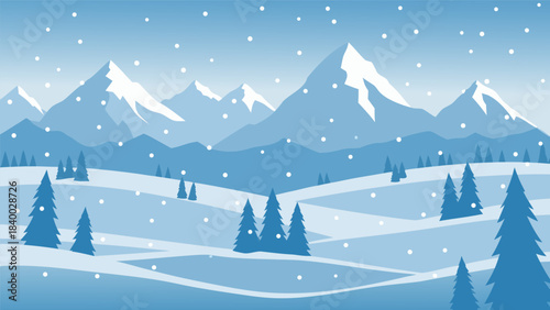 A serene winter landscape with snow-covered mountains and evergreen trees during a gentle snowfall.