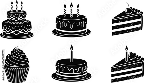 High-contrast black vector silhouette collection of birthday cakes, layered cakes, cupcakes, and slices with candles, perfect for party invitations and celebratory designs