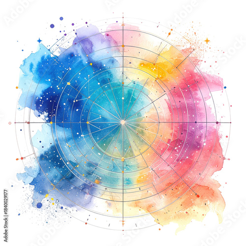 Abstract watercolor color wheel with splatters and a geometric overlay